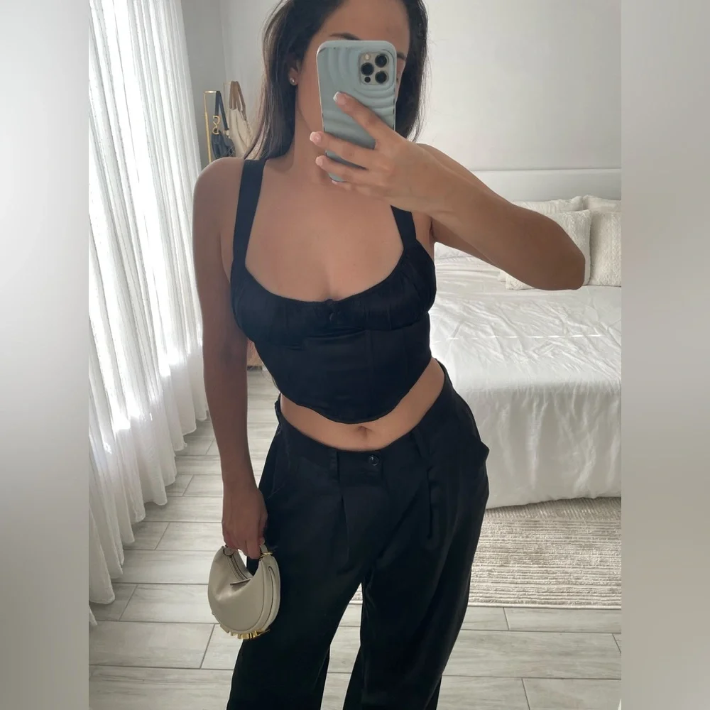 ASOS Black Silk Wide Leg Pants + Zara Black Corset Top // TWO PIECE SET - Picture 5 of 13